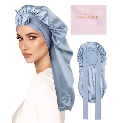 AWAYTR Long Silk Bonnet for Sleeping - 100% Mulberry Silk Bonnet for Women Long Hair Sleep Cap with Elastic Tie Band (Haze Blue)