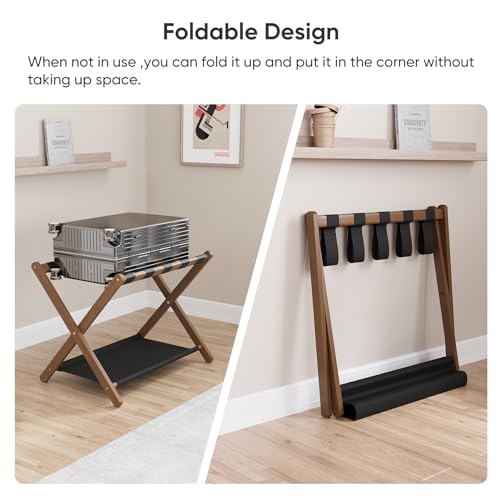 Walnut Bamboo Luggage Rack Set of 2 - Foldable Suitcase Stand with Storage Shelf