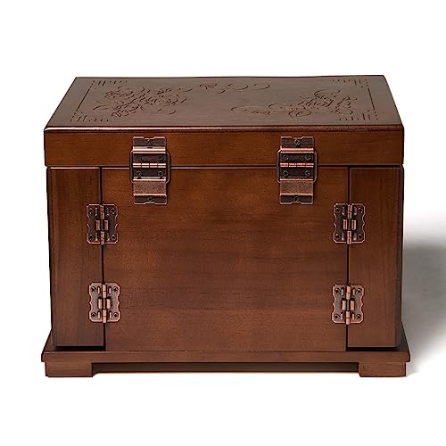FEECOZ Wooden Jewelry Box for Women with Mirror & Lock - Dark Brown Rose Pattern