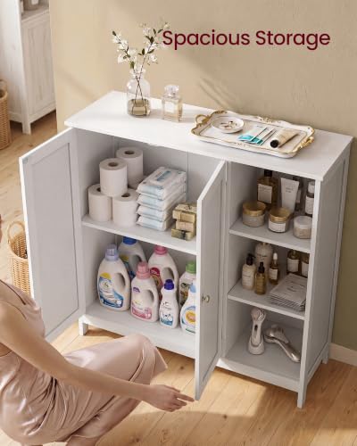 VASAGLE Bathroom Floor Cabinet with Adjustable Shelves - Cloud White, 2 Doors + 3 Open Shelves