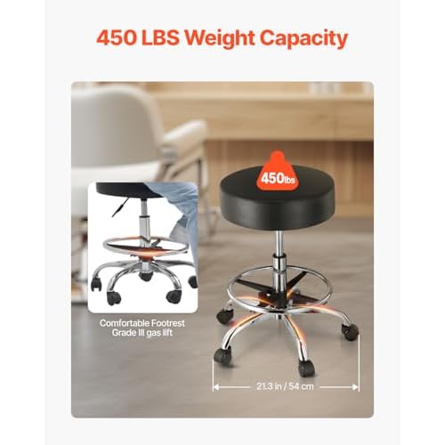 VEVOR Rolling Stool with Foot Rest and Wheels, 450 LBS Weight Capacity Round Rolling Stool Chair, Height Adjustable Thickened PU Leather Swivel Stool for Salon, Spa, Massage, Tattoo, Clinic, Black