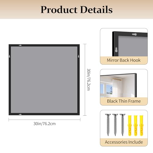 COFENY Black 30x30 Inch Rectangle Wall Mirror with Metal Frame - Modern Vanity Bathroom & Living Room Decor - Horizontal or Vertical Mounting