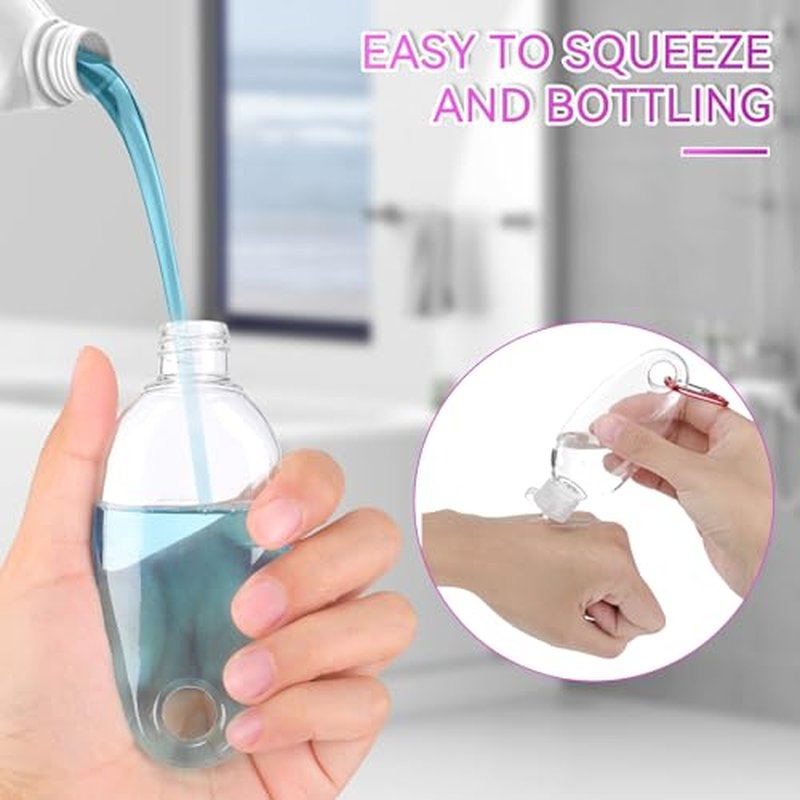 100 Pcs Traveling Bottles with Keychain 2oz Clear Keychain Bottle Plastic Empty Refillable Liquid Packing Container Squeeze Plastic with Lid for Liquid Cream (Oval)