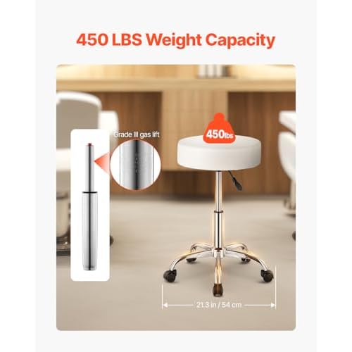 VEVOR Rolling Stool with Wheels, 450 LBS Weight Capacity Round Rolling Stool Chair, Height Adjustable Thickened PU Leather Swivel Stool for Salon, Spa, Massage, Tattoo, Clinic, White