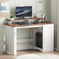 Farmhouse Style Computer Desk with Charging Station and Monitor Stand, Small Office Desk, White & Walnut