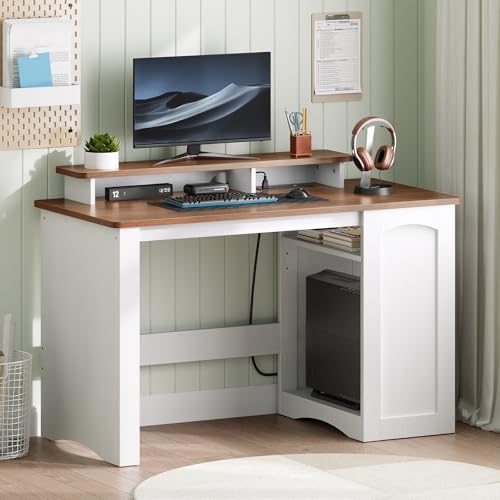 Farmhouse Style Computer Desk with Charging Station and Monitor Stand, Small Office Desk, White & Walnut