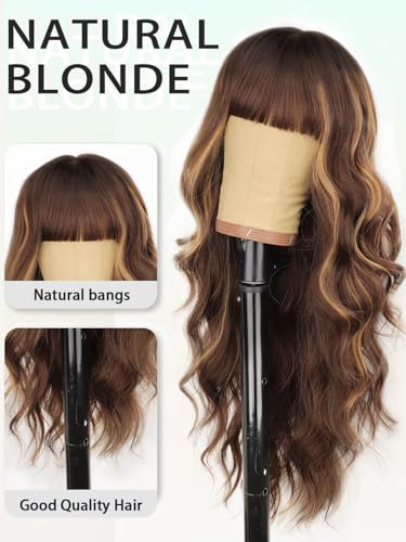 Long Wavy Synthetic Wig for Women - Chocolate Brown with Highlights and Bangs, 26 Inch