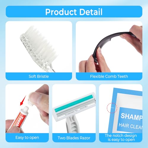 Personal Hygiene Kit Bulk Pack of 10,Individually Wrapped 13-IN-1 Blue Disposable Basic Travel Toiletry Set Homeless Care Package Supplies for Men,Women,Guests,Charity