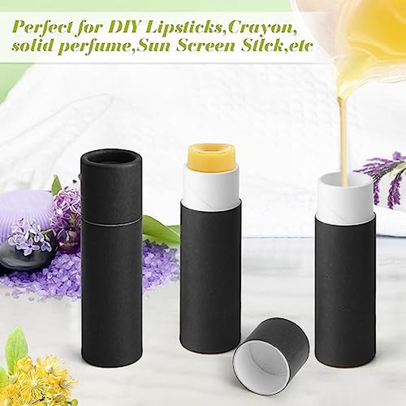 20Pcs 7g Paperboard Lip Balm Tubes Lipstick Containers Round Refillable Kraft Containers for Solid Ointment Deodorant Sample Vial DIY Cosmetic Storage,Push-Up Style,Black
