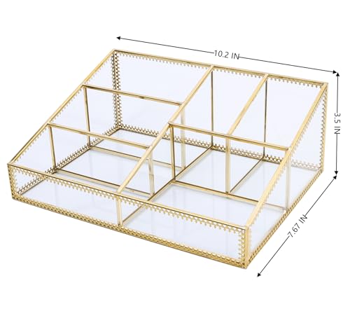 Gold Large Glass Makeup Organizer - 6 Compartments Vanity & Countertop Storage