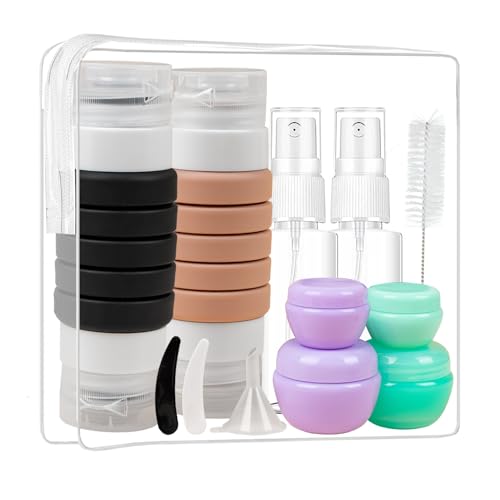 Travel Bottles Set for Toiletries ,Upgraded Version 4 in 2 Travel Containers-TSA Approved Travel Size Toiletries Leak Proof Silicone Squeezable Travel Accessories with Toiletry Bag and Box (Brown)