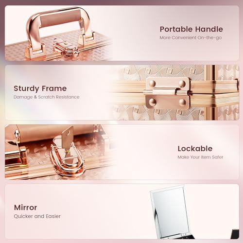 Rose Gold Makeup Case Organizer with Mirror - Travel Train Box & Storage