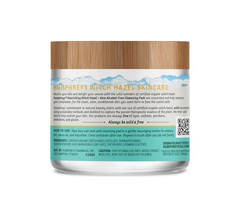 Humphreys Witch Hazel Nourishing Cleansing Pads 60 Count Pack of 2 - Alcohol-Free, Hydrating Aloe & Wild Harvested Witch Hazel