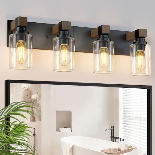 Farmhouse 4-Light Bathroom Vanity Light Fixtures - Black and Wood - Variation of Black and Wood / 4-Light