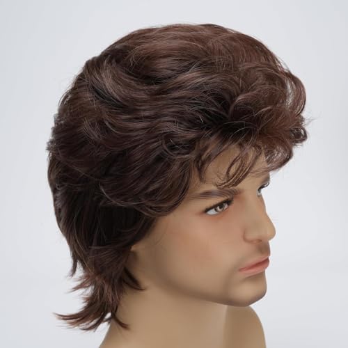 Men's 80s Short Brown Mullet Wig - Disco Rocker Punk Cosplay Halloween - Variation: Short Brown