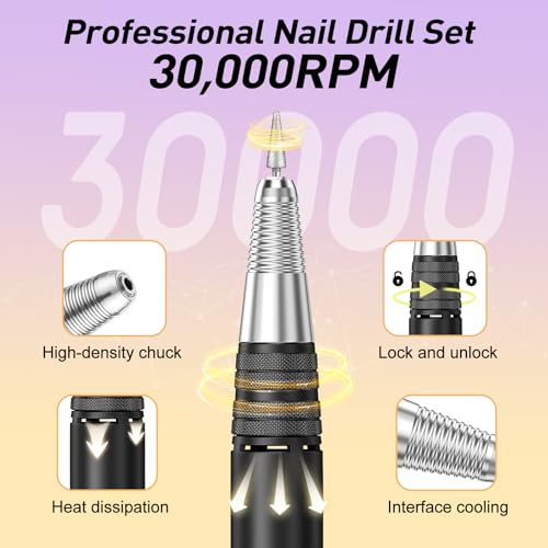 Jiasheng Professional Nail Drill, 30000rpm Nail Drill Machine for Nail Tech Supplies, Acrylic Electric Efile Drill for Polishing Shaping Removing Acrylic Nails Poly Nail Gels