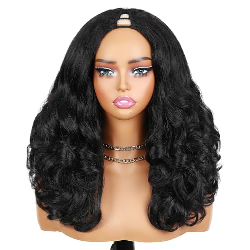 Black 16 Inch Yaki Curly Synthetic Wig for Black Women No Leave Out Clip-In Half Wig