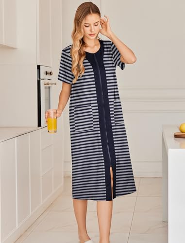 Women’s Short Sleeve Zipper Bathrobe with Pockets - Navy Blue X-Large