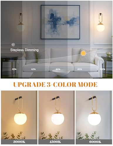Battery Operated Wall Sconces Set of 2 Black & Gold Hanging Opal Glass - MSTETO