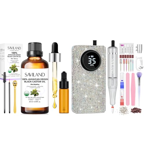 SAVILAND Professionl Nail Drill & Jamaican Black Castor Oil: Diamond Shiny | 35000RPM Electric Nail Drill Machine | Nail Drill Kit Professional Drill Bits Drill Nail File Buffer Expert Salon