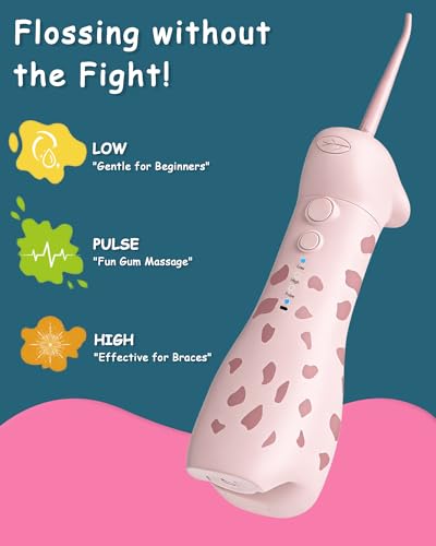 Pink Kids Water Flosser & Electric Toothbrush Combo for Ages 6-12 - Braces-Friendly Giraffe & Monkey Design