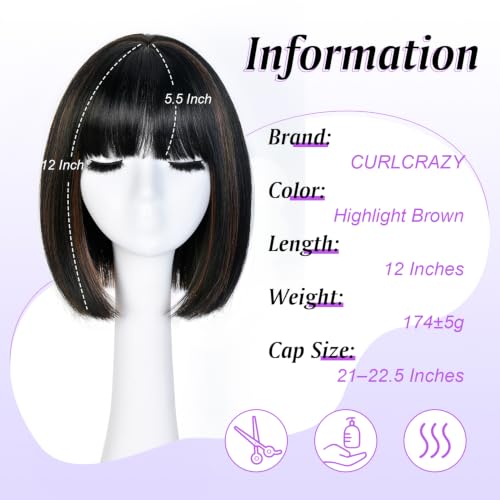 Highlight Brown Bob Wig with Bangs - Short Synthetic Wigs for Women Girl - Curly & Soft