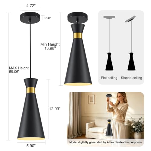 3-Pack Modern Black and Gold Pendant Lights for Kitchen Island - 13"H, Adjustable