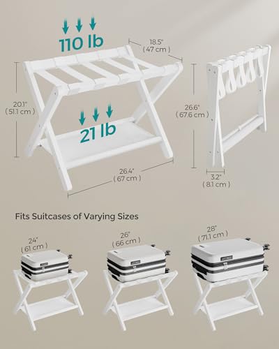 Cloud White Bamboo Luggage Rack with Storage Shelf - Foldable Suitcase Stand