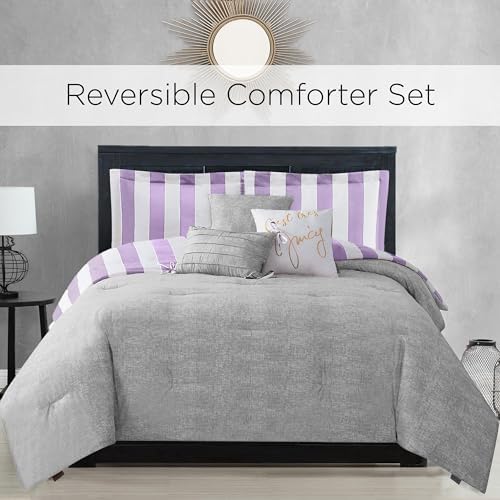 Reversible Bedding Set Queen Lavender White Stripe 6 Piece Bedroom Decor