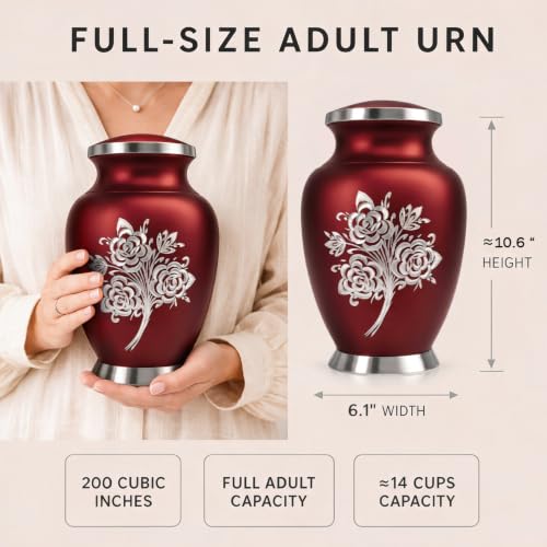 Large Red Cremation Urn for Women - 200 cu in Handcrafted Rose Design - Solace Forever