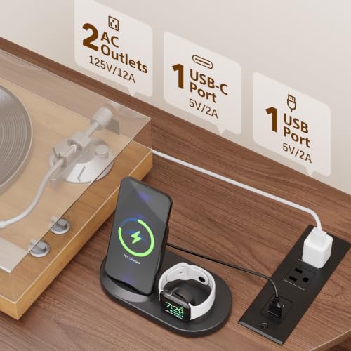 31.5-Inch Record Player Stand with Power Outlets and Vinyl Storage Cabinet