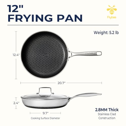 12 Inch Nonstick Frying Pan with Lid - Hybrid Tri-Ply Stainless Steel