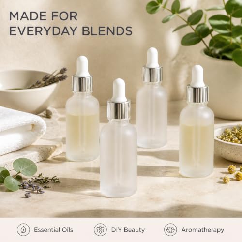 PrettyCare 1oz Frosted Glass Eye Dropper Bottles 24 Pack with Leakproof Silver Caps & Labels