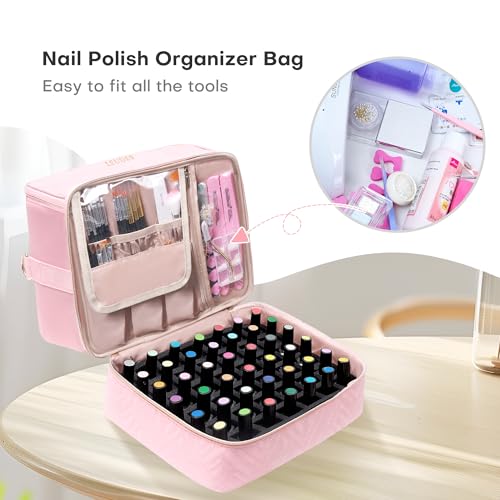 Pink Nail Polish Organizer Bag Holds 42 Bottles with Adjustable Compartments