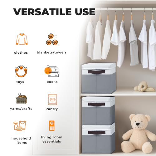 Criusia Extra Large White & Grey Storage Baskets with Lids - 8 Pack, 33 QT Closet Organizers for Clothes, Towels, Toys, and More