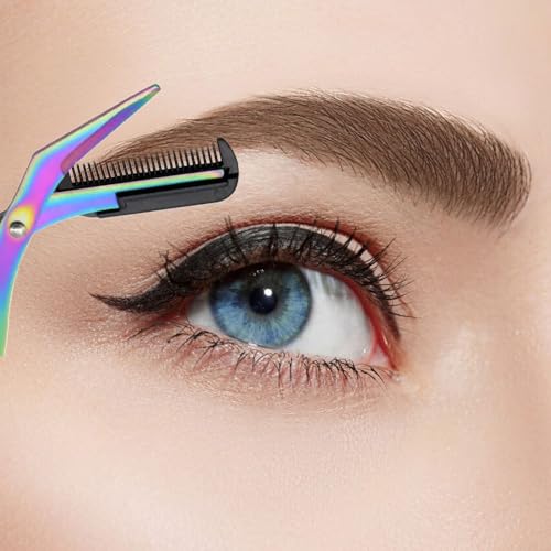 Eyebrow Trimmer Scissor, Stainless Steel 2 in 1 Eyebrow Scissors with Comb, Non-Slip Professional Eyebrow Trimmer Eyebrow Scissor Makeup Tool for Wome Men (Blue)
