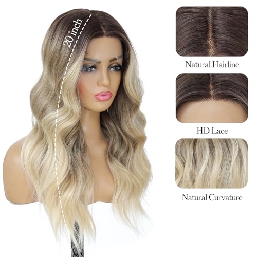LuxeMelan Ombre Blonde 613 Wavy Lace Front Wig 20 Inch Middle Part Synthetic Heat Resistant Fiber - Natural Look