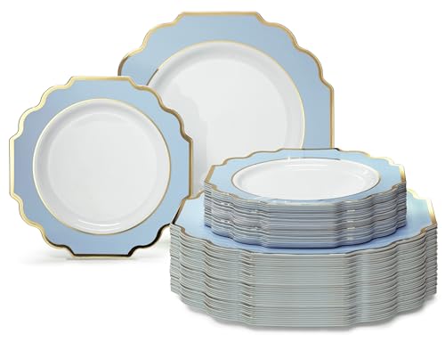 120 Pieces Disposable Plastic Dinner and Salad Plates Set - Imperial Blue & Gold, Heavyweight for Weddings & Parties