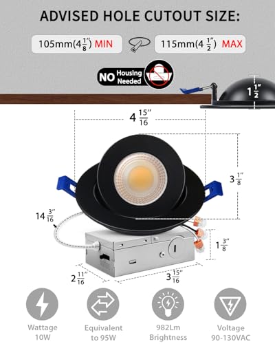Adetu 6 Pack 4-Inch Black Gimbal LED Recessed Lights 10W 95W Equiv. Dimmable