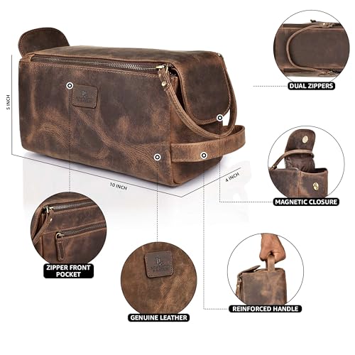 Leather & Latch Distressed Brown Full Grain Leather Toiletry Bag for Men & Women – Water-Resistant Travel Organizer with YKK Zipper