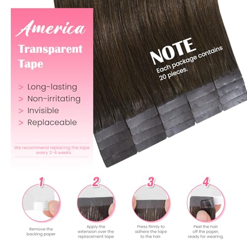 18 Inch Chocolate Brown Tape-in Hair Extensions - Human Hair, 40G, 20 Pieces