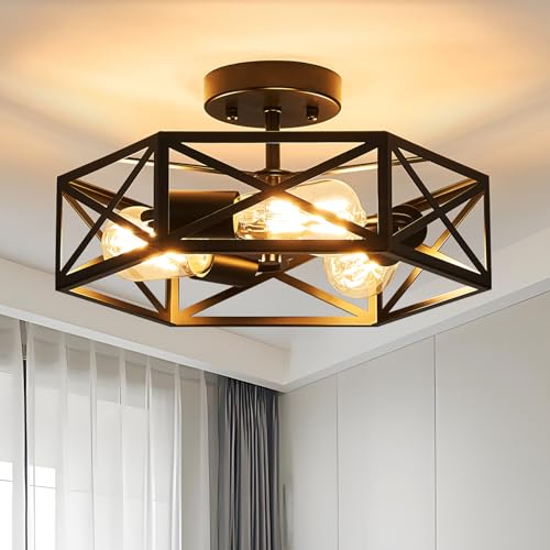 KUZIEG 14.6 Inch Modern Farmhouse Black Metal Semi Flush Mount Ceiling Light Fixture