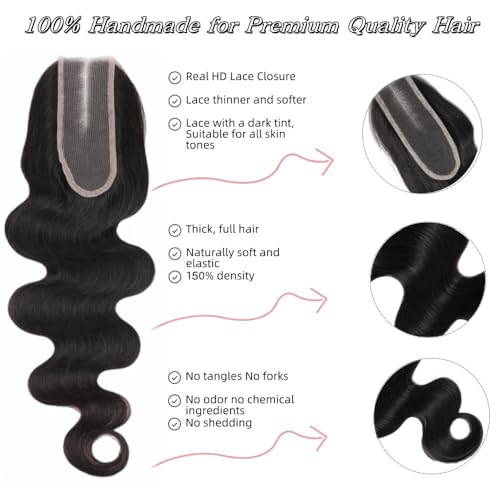 16 Inch Body Wave HD Lace Closure Human Hair 2x6 Brazilian Virgin Pre-Plucked with Baby Hair