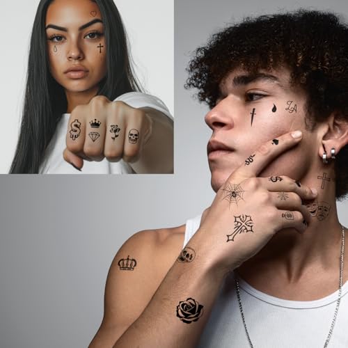 Los Vatos Finger and Face Temporary Tattoos - Chicano Cholo Chola Finger Tattoos For Men and Women. Small Cross, teardrop, Gangsta Tears, Thug Prison Fake Tattoos for Halloween, Tatuajes Temporales