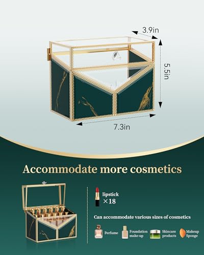 CoralHouse Green Glass Lipstick Organizer with Lid - 18 Slots Vanity Storage