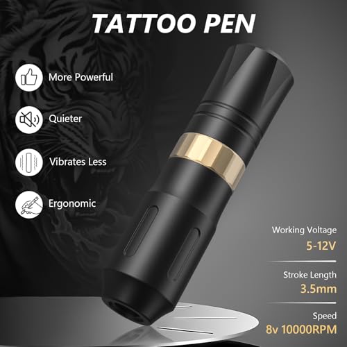 Wireless Tattoo Gun Kit with 2 Batteries, 16 Cartridges, 7 Ink Colors - Black Kit