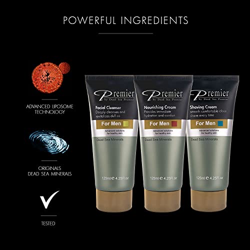 Premier Dead Sea Men's Skincare Gift Set, 3-Pack: Nourishing Cream, Shaving Cream, Facial Cleanser for Men, Sensitive Skin, Anti-Wrinkle, Daily Use