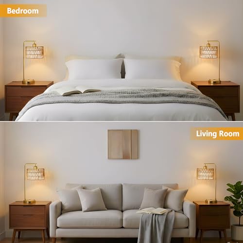 Gold Boho Lamps Set of 2 with USB Charging Ports & AC Outlet - Dimmable Table Lamps