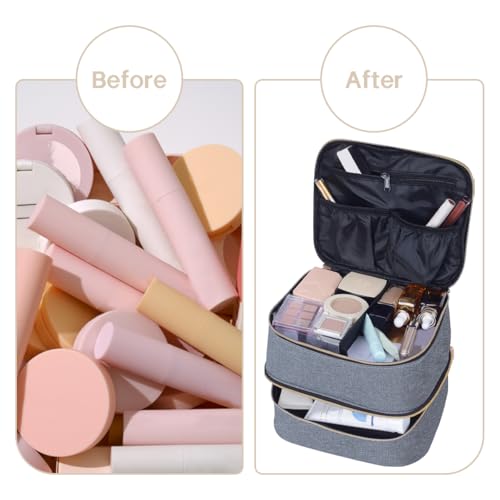 Double Layer Makeup Bag with Adjustable Dividers - Gray Gold, Travel Cosmetic Organizer
