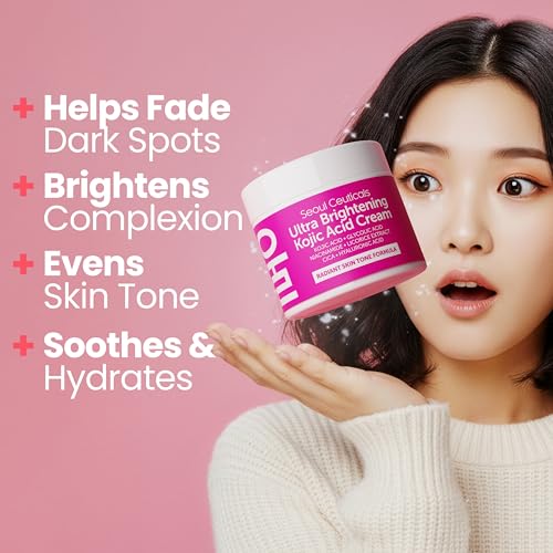 SeoulCeuticals Korean Kojic Acid Cream Dark Spot Remover + Glycolic Acid + Niacinamide + Cica + HA Moisturizer - Cruelty Free K Beauty Skincare 2oz (Pack of 2)